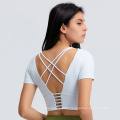 New Open Back Yoga Top Summer T Shirts Workout Shirts Women Backless T-Shirts Trendy Crop Top With Built In Bra